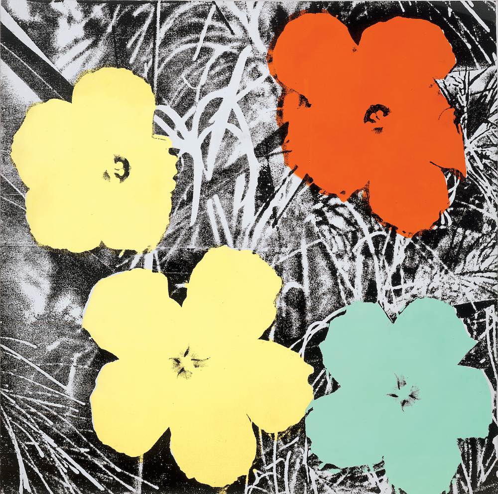 Andy Warhol, Flowers, 1964. Spray paint and silkscreen ink on linen, 81 x 80 3/4 in. Collection of Larry Gagosian. © The Andy Warhol Foundation for the Visual Arts, Inc. / Artists Rights Society (ARS) New York.